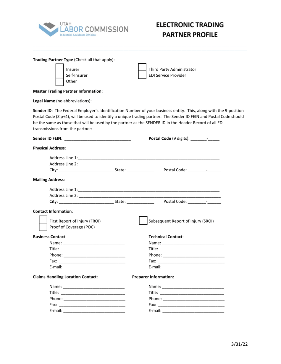 Electronic Trading Partner Profile - Utah, Page 1