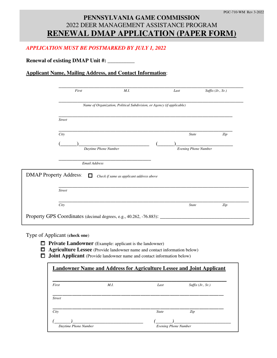 Form PGC-710-WM Renewal Dmap Application - Pennsylvania, Page 1