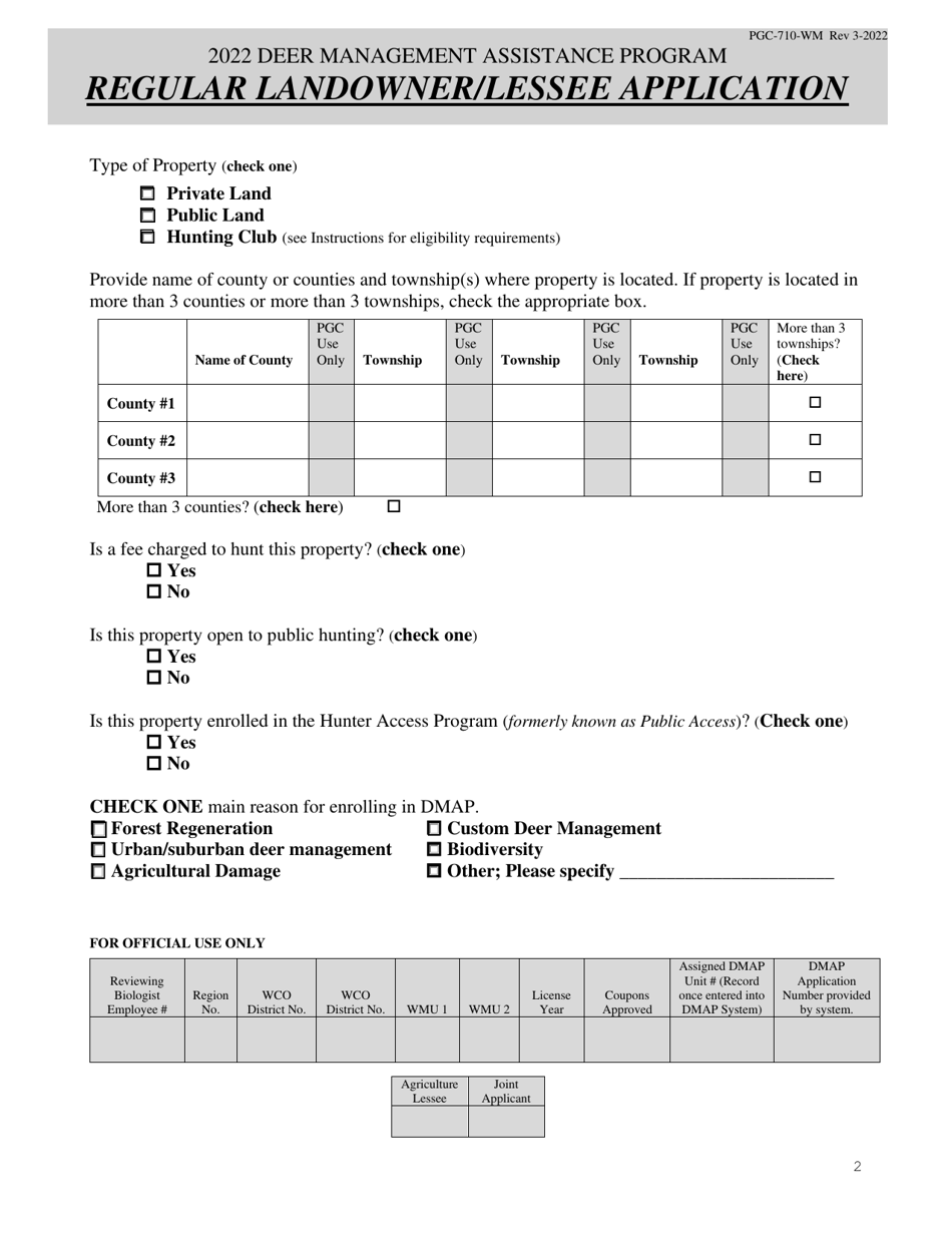 Form PGC-710-WM Regular Landowner / Lessee Application - Deer Management Assistance Program (Dmap) - Pennsylvania, Page 2