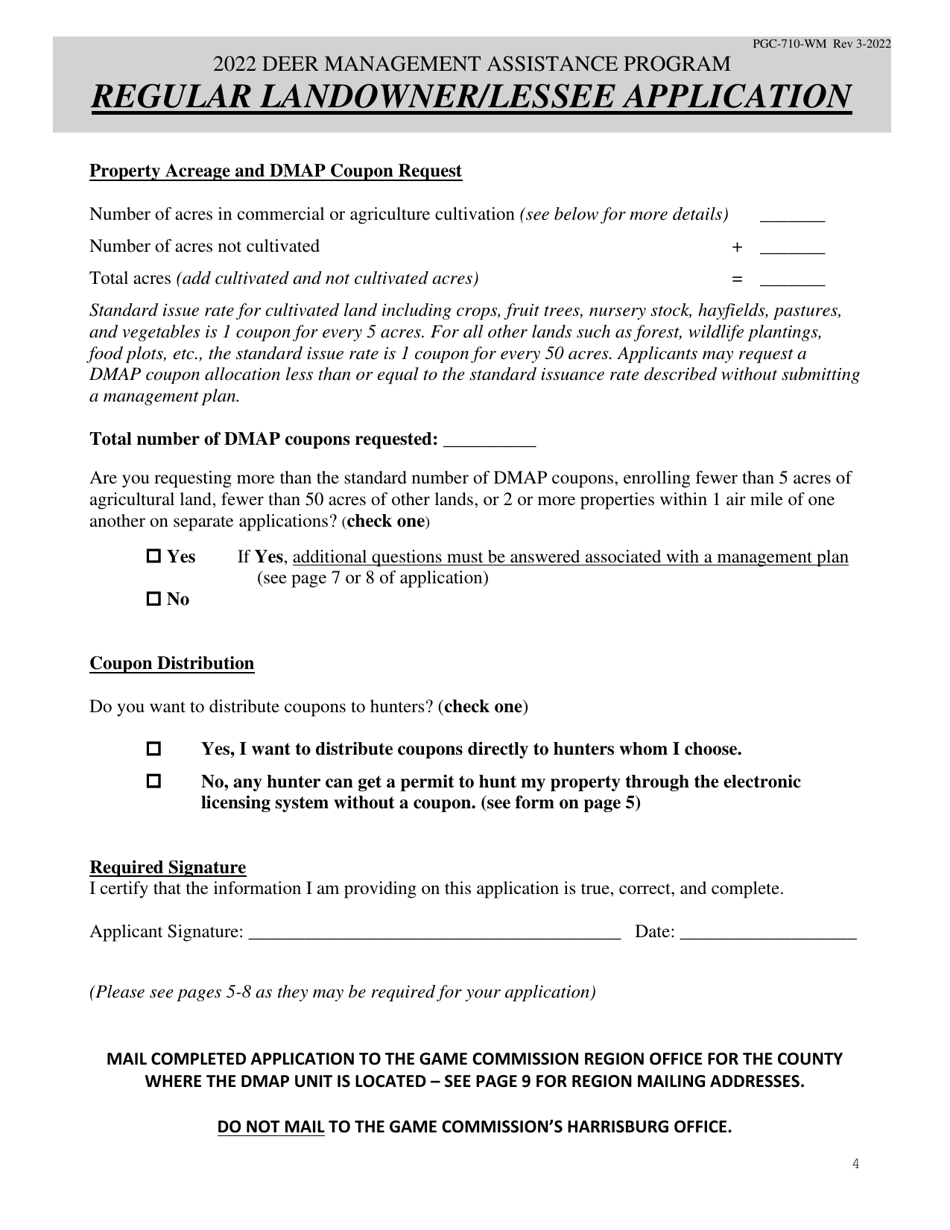 Form PGC-710-WM Regular Landowner / Lessee Application - Deer Management Assistance Program (Dmap) - Pennsylvania, Page 4