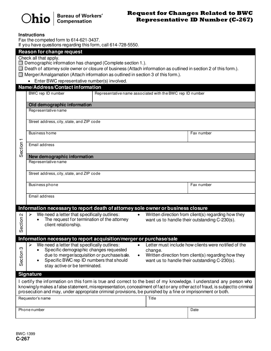 Form C-267 (BWC-1399) Request for Changes Related to Bwc Representative Id Number - Ohio, Page 1