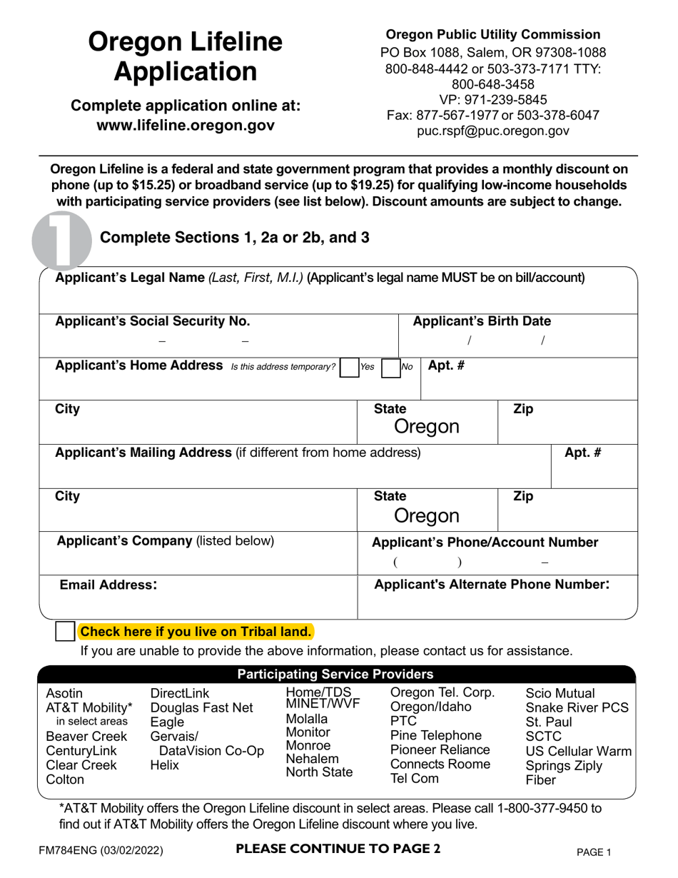 Form FM784ENG Oregon Lifeline Application - Discounted Service - Oregon, Page 1