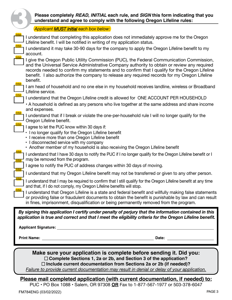 Form FM784ENG Oregon Lifeline Application - Discounted Service - Oregon, Page 3