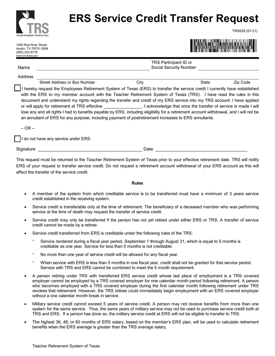 Form TRS528 Ers Service Credit Transfer Request - Texas, Page 1