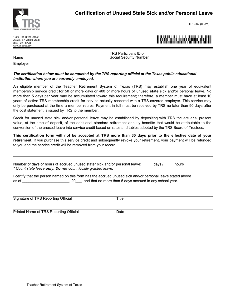 Form TRS587 Certification of Unused State Sick and / or Personal Leave - Texas, Page 1