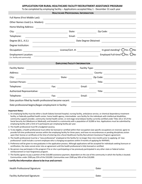 Application for Rural Healthcare Facility Recruitment Assistance Program - South Dakota Download Pdf