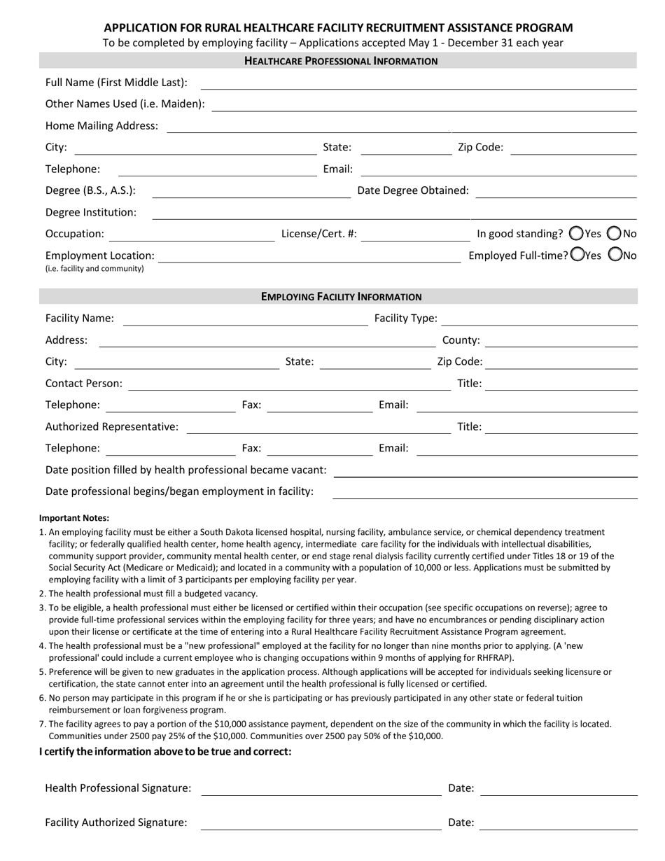 Application for Rural Healthcare Facility Recruitment Assistance Program - South Dakota, Page 1