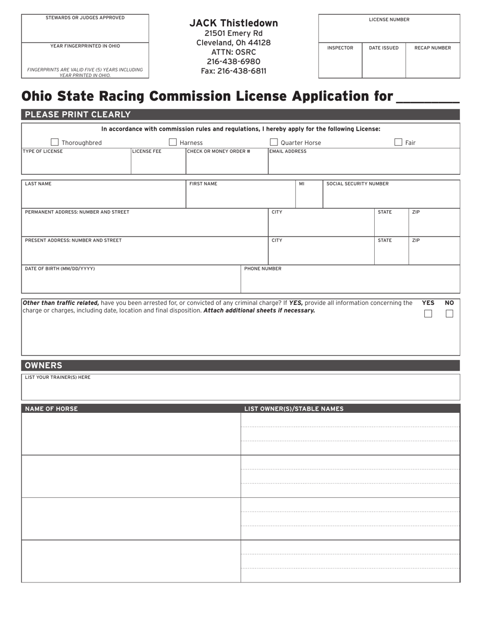 Form OSRC1000 Ohio State Racing Commission License Application - Jack Thistledown - Ohio, Page 1