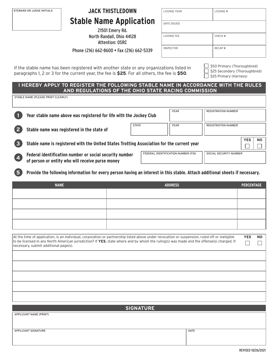 Stable Name Application - Jack Thistledown - Ohio, Page 1