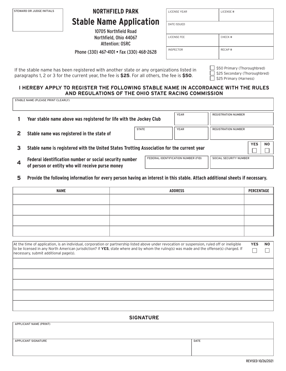 Stable Name Application - Northfield Park - Ohio, Page 1
