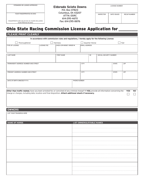 Form OSRC1000 Ohio State Racing Commission License Application - Eldorado Scioto Downs - Ohio