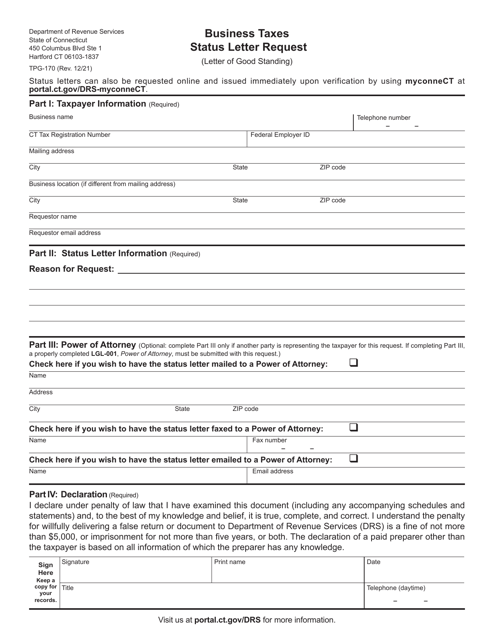 Form TPG-170 Business Taxes Status Letter Request (Letter of Good Standing) - Connecticut