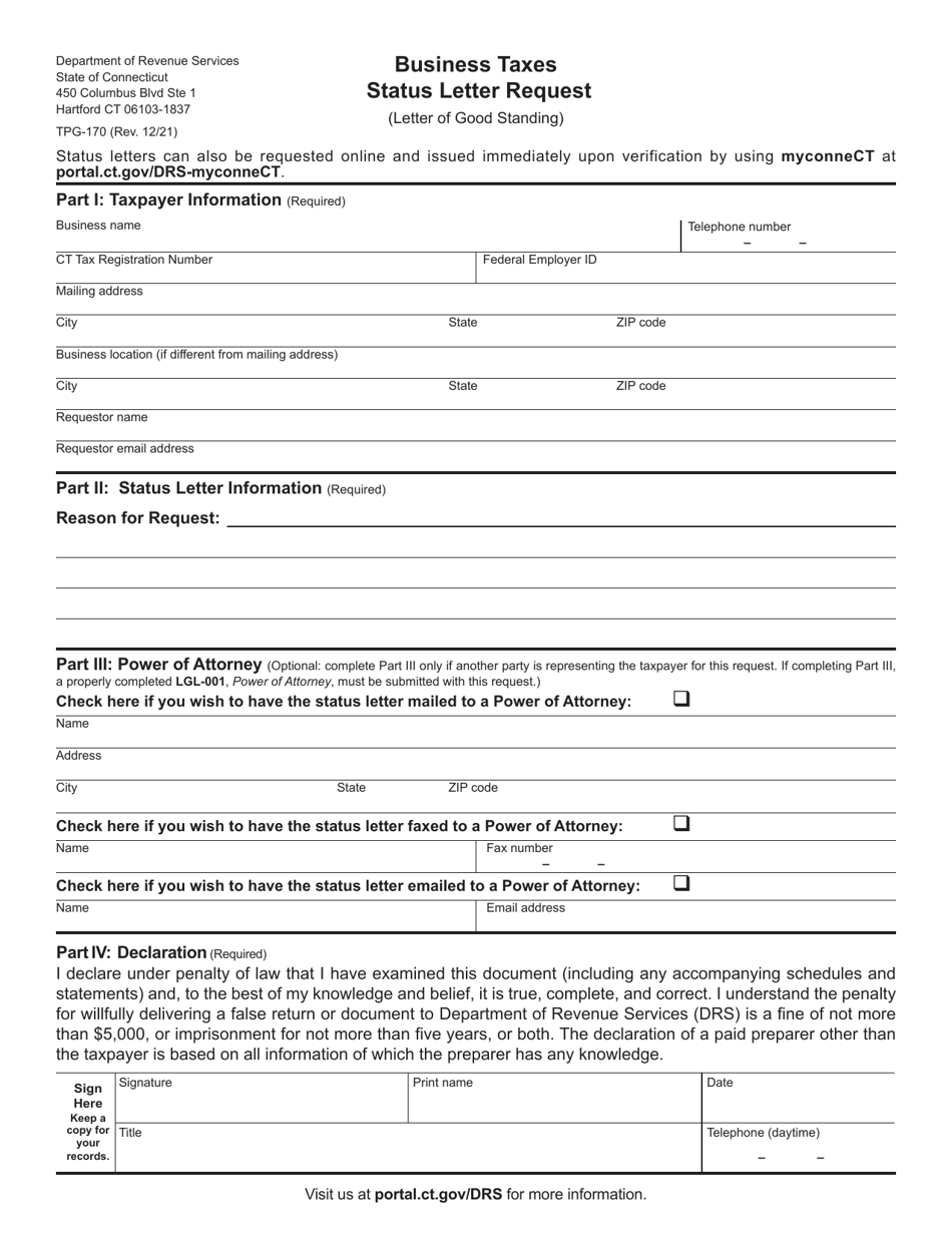 Form TPG-170 Business Taxes Status Letter Request (Letter of Good Standing) - Connecticut, Page 1