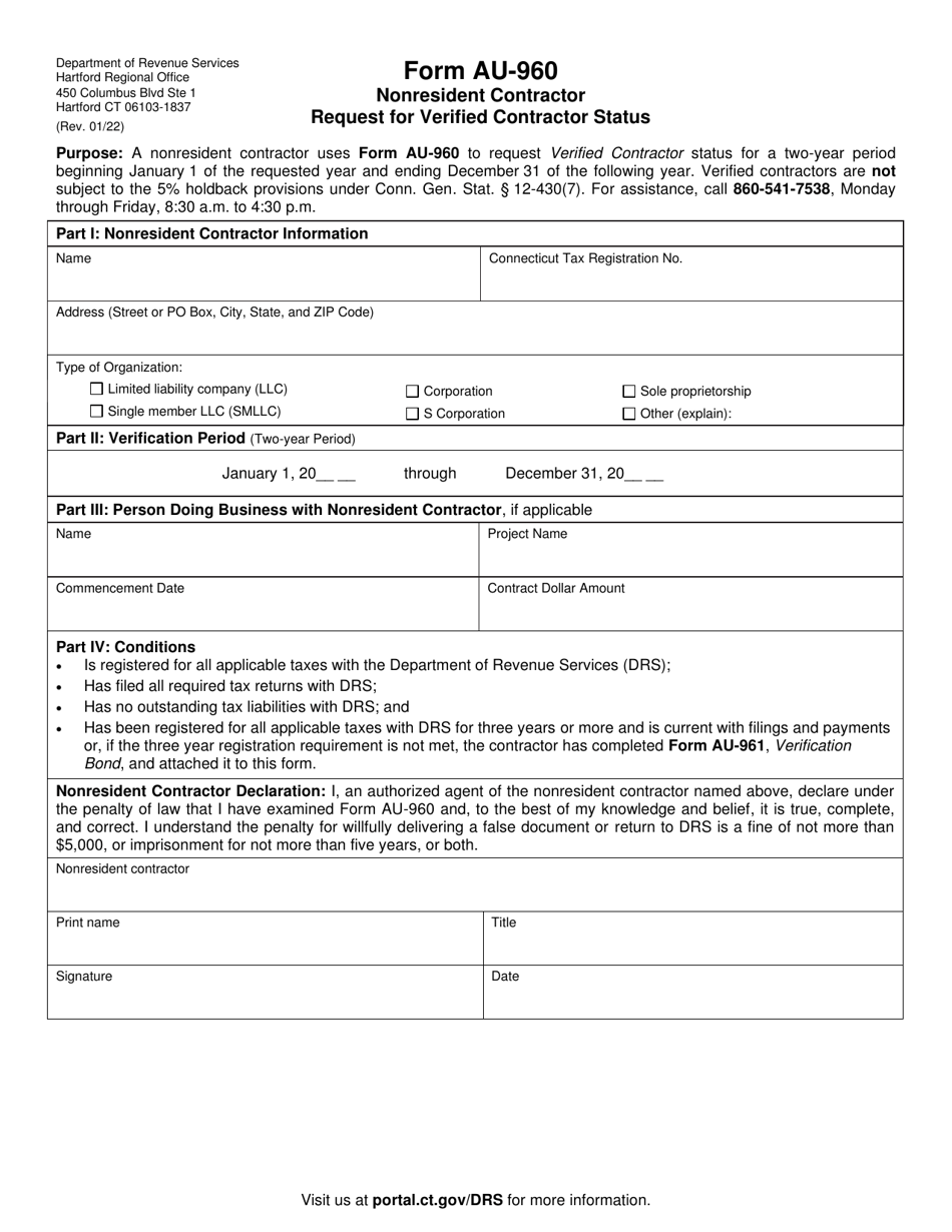 Form AU-960 Nonresident Contractor Request for Verified Contractor Status - Connecticut, Page 1