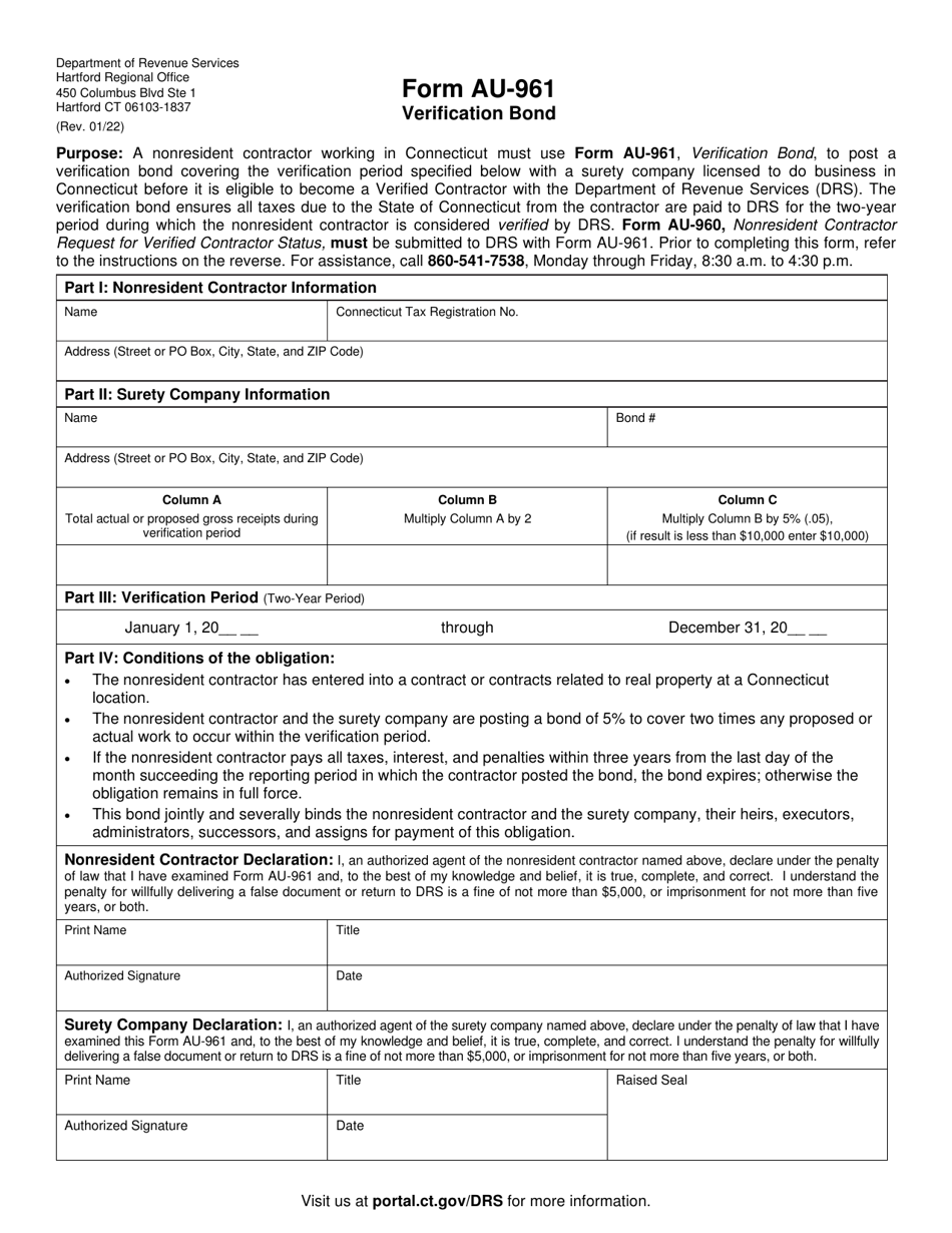 Form AU-961 Verification Bond - Connecticut, Page 1