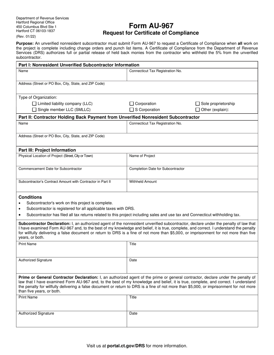 Form AU-967 Request for Certificate of Compliance - Connecticut, Page 1