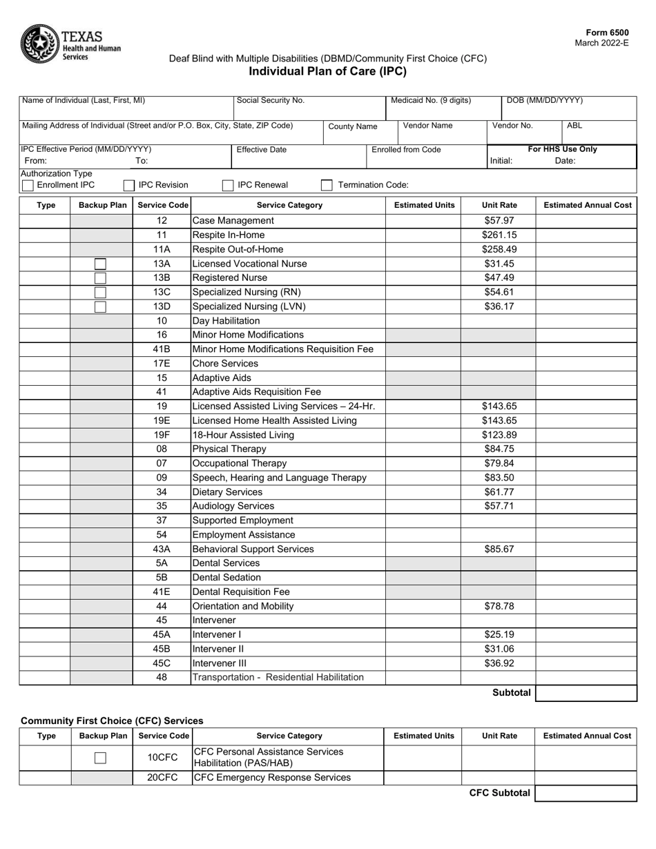 Form 6500 Individual Plan of Care (Ipc) - Deaf Blind With Multiple Disabilities (Dbmd / Community First Choice (Cfc) - Texas, Page 1