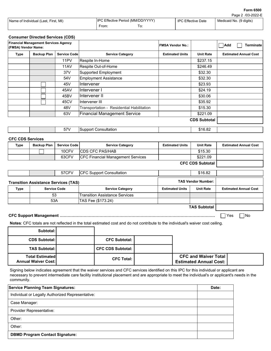 Form 6500 Individual Plan of Care (Ipc) - Deaf Blind With Multiple Disabilities (Dbmd / Community First Choice (Cfc) - Texas, Page 2