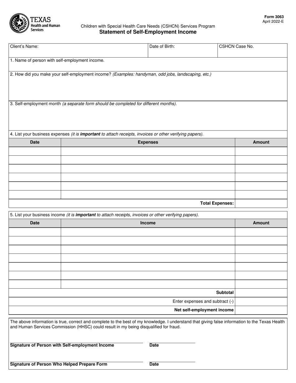Form 3063 Cshcn Statement of Self-employment Income - Texas, Page 1