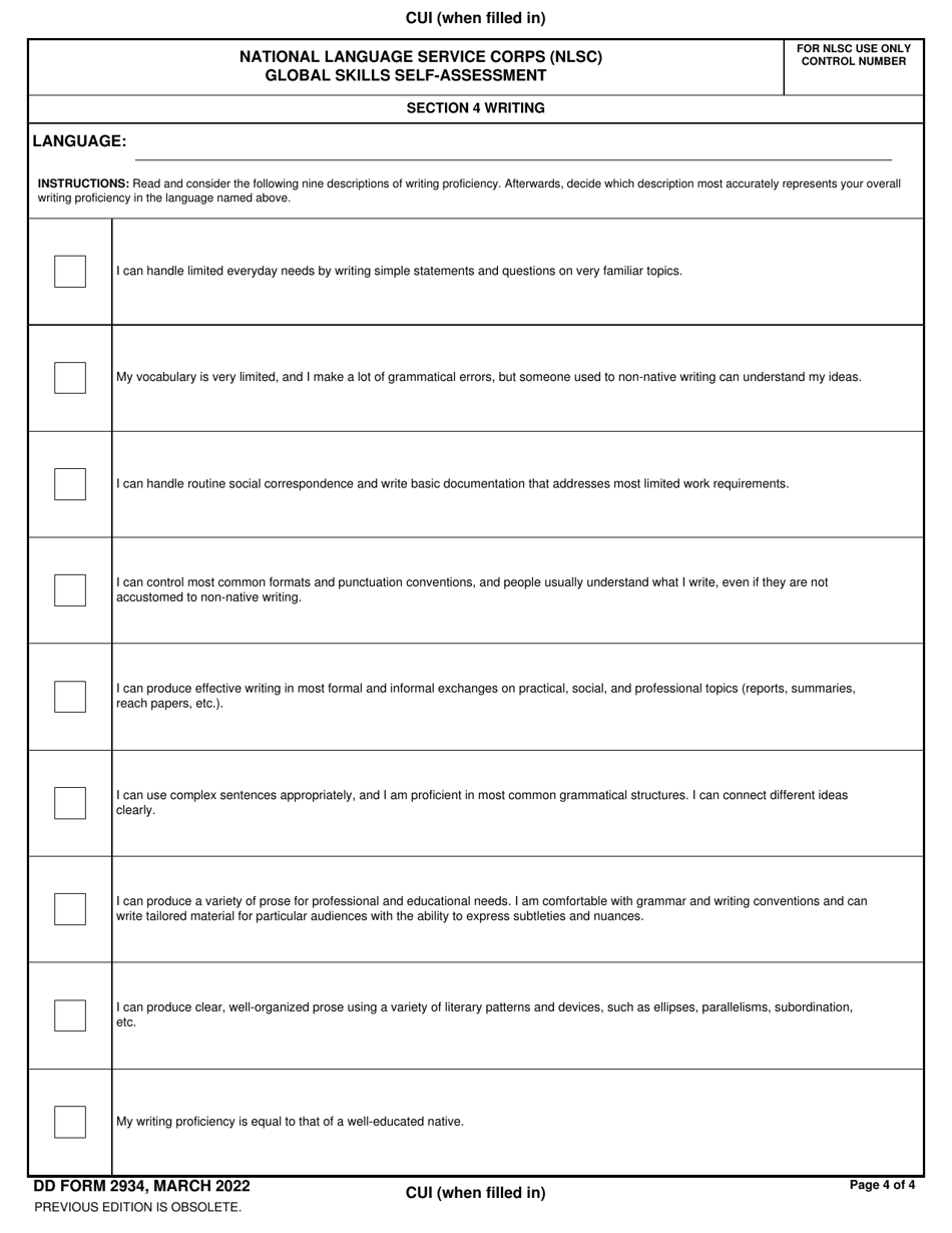 DD Form 2934 National Language Service Corps (Nlsc) Global Skills Self-assessment, Page 4