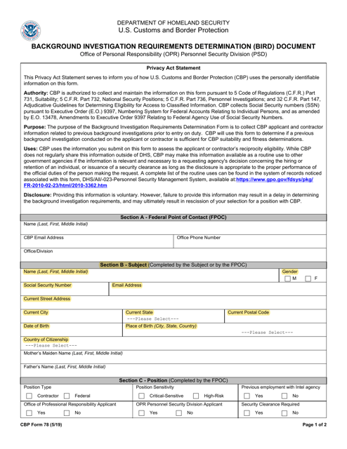 CBP Form 78 Background Investigation Requirements Determination (Bird) Document