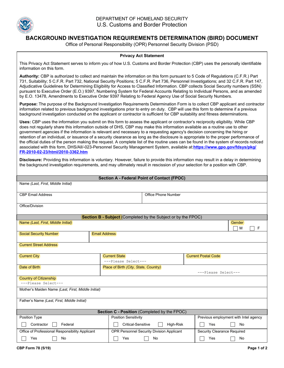 CBP Form 78 Background Investigation Requirements Determination (Bird) Document, Page 1