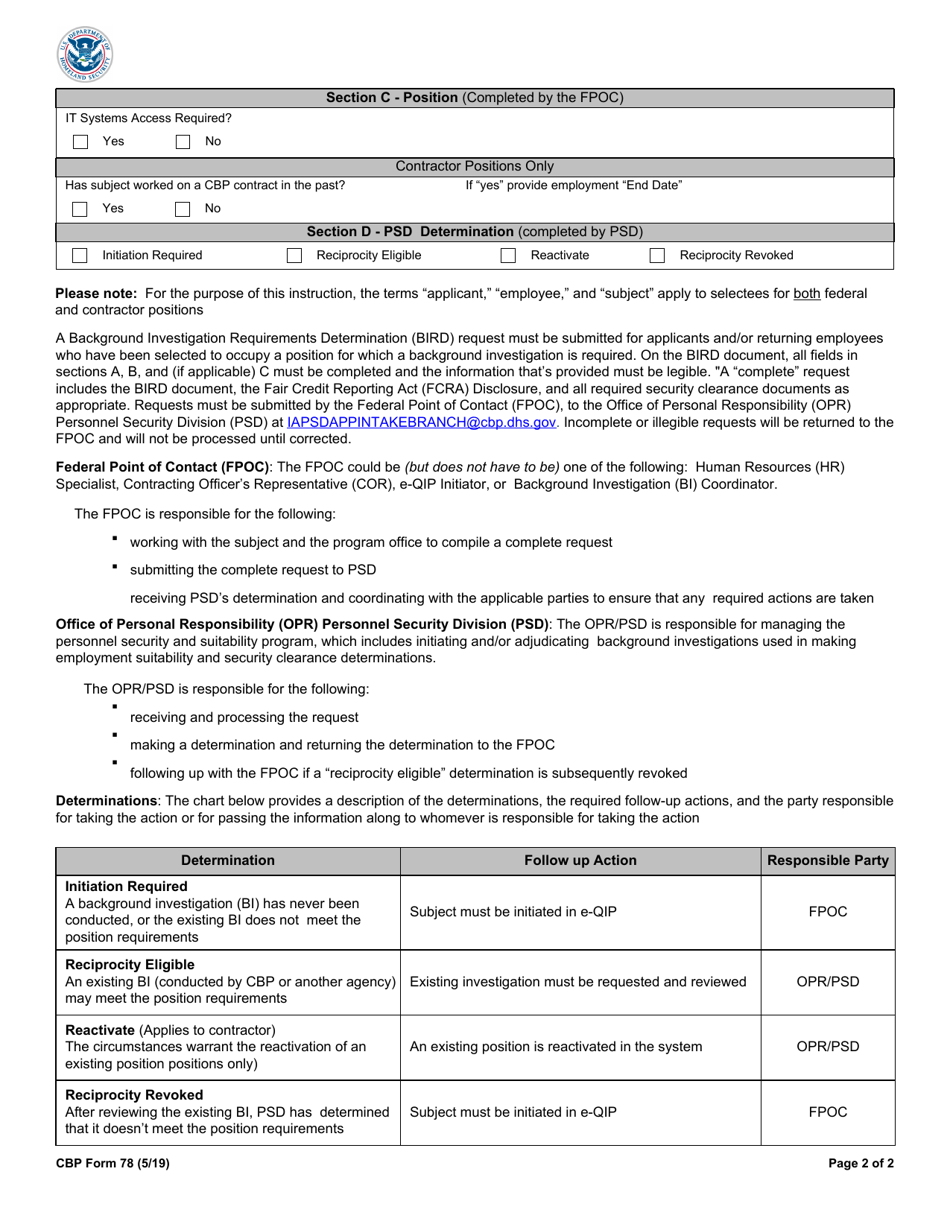 CBP Form 78 Background Investigation Requirements Determination (Bird) Document, Page 2