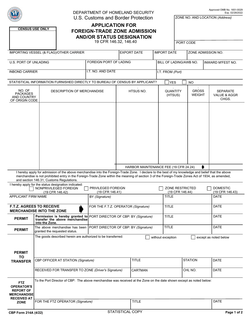 CBP Form 214A Application for Foreign-Trade Zone Admission and / or Status Designation, Page 1