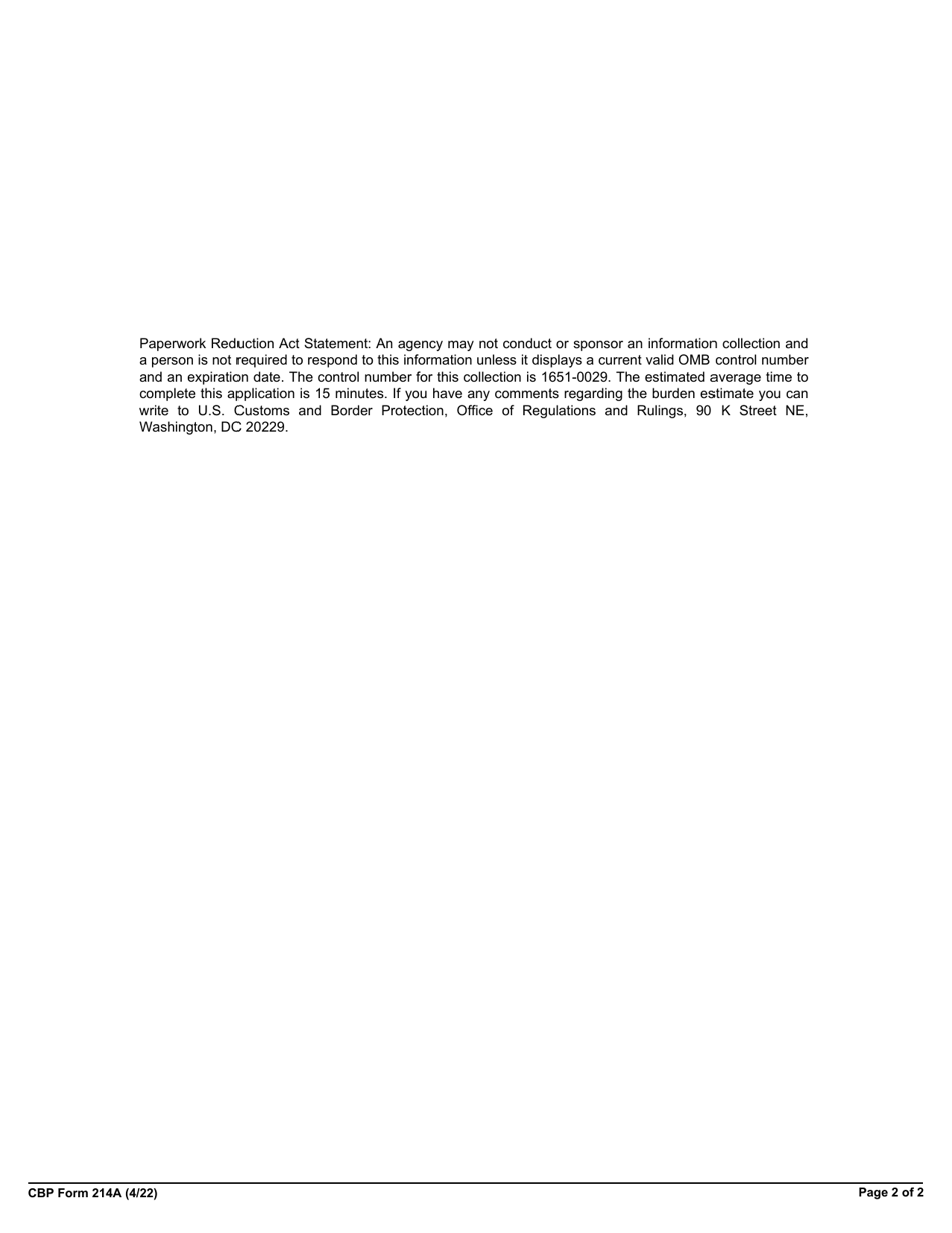 CBP Form 214A Application for Foreign-Trade Zone Admission and / or Status Designation, Page 2