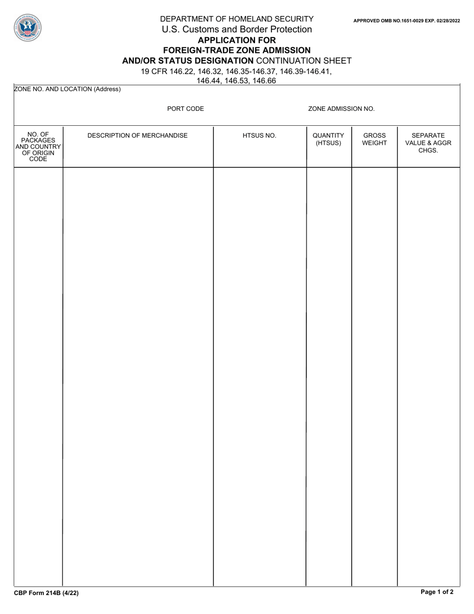 CBP Form 214B Application for Foreign-Trade Zone Admission and / or Status Designation - Continuation Sheet, Page 1