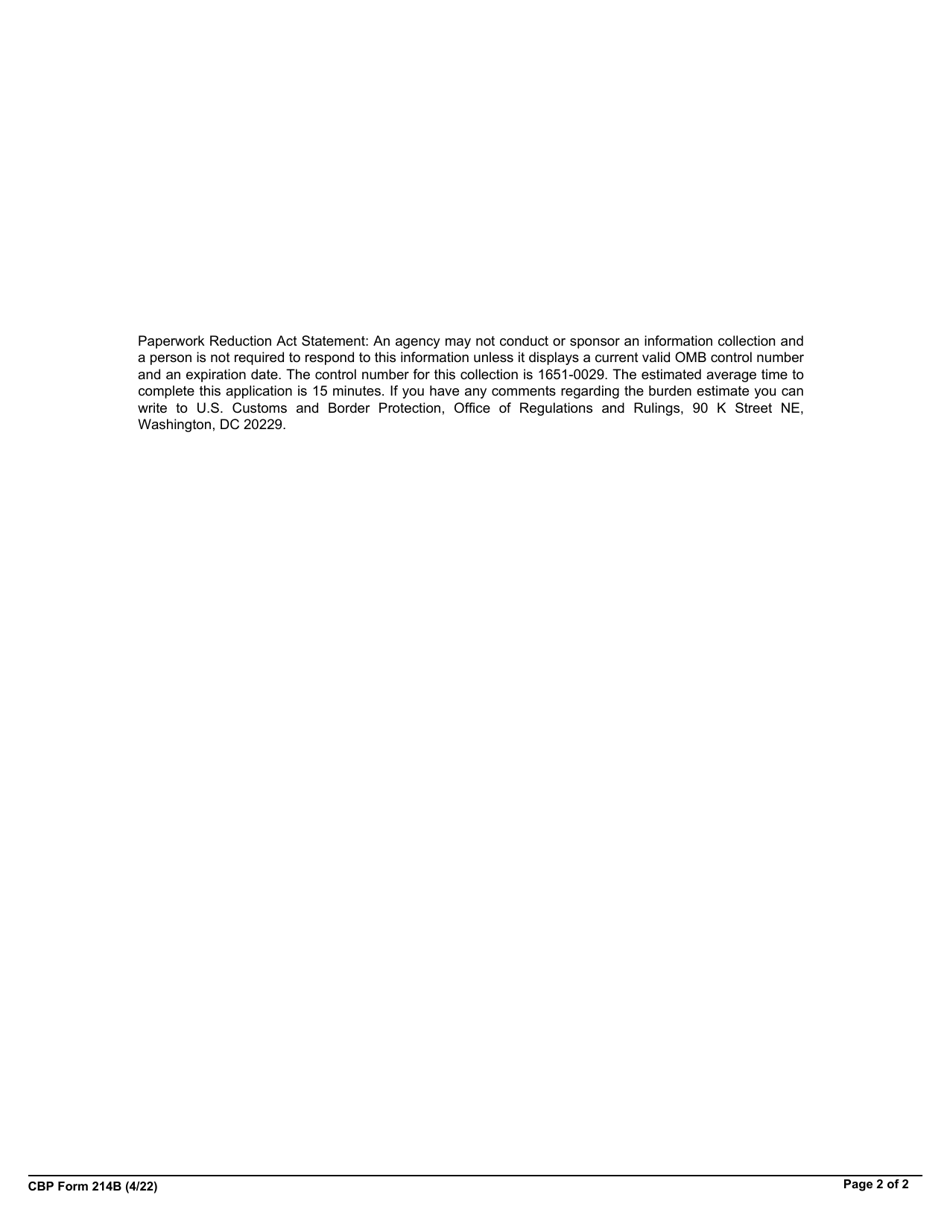 CBP Form 214B Application for Foreign-Trade Zone Admission and / or Status Designation - Continuation Sheet, Page 2