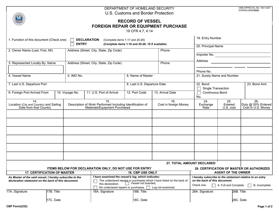 CBP Form 226 Record of Vessel Foreign Repair or Equipment Purchase, Page 1