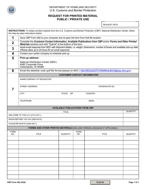 CBP Form 262 Request for Printed Material Public/Private Use