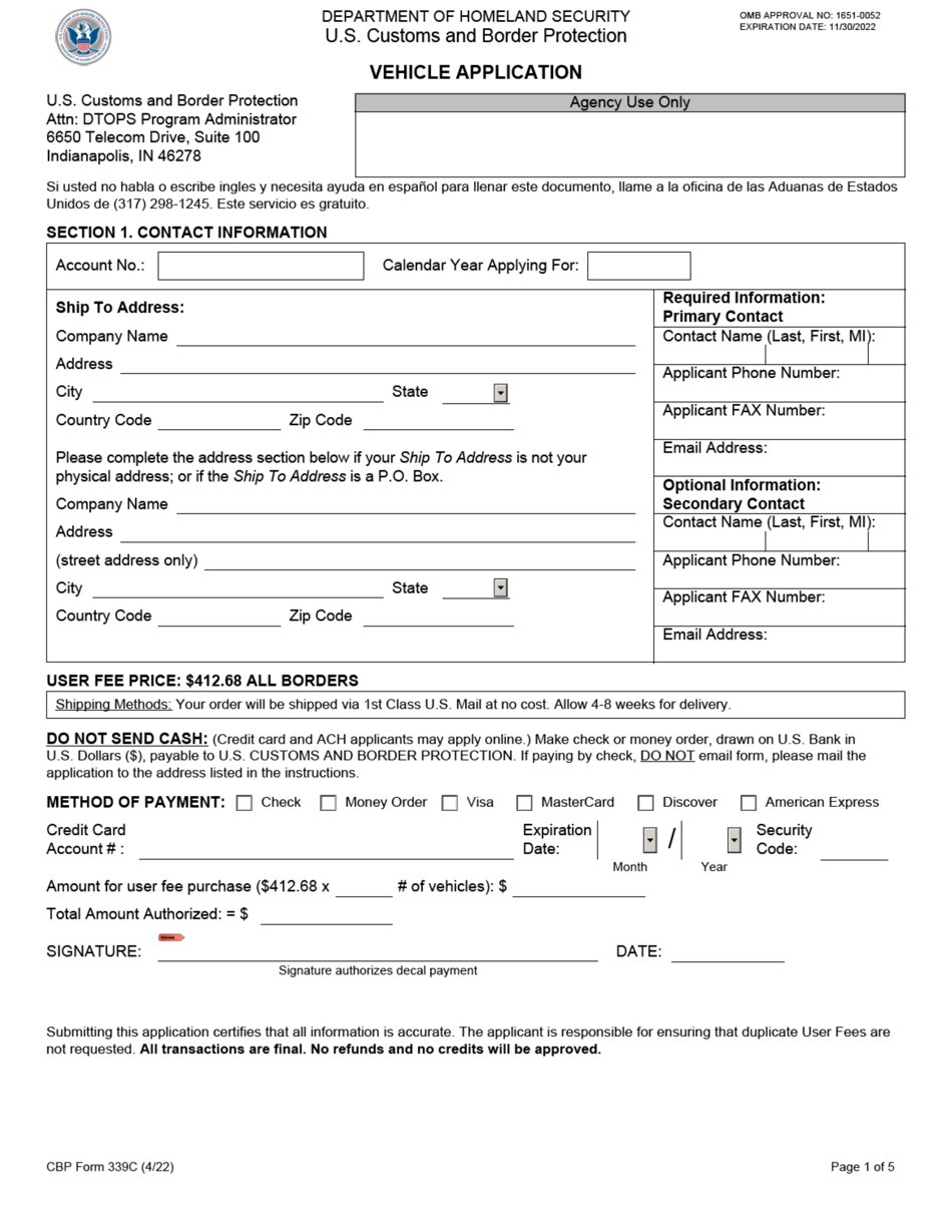 CBP Form 339C Vehicle Application, Page 1