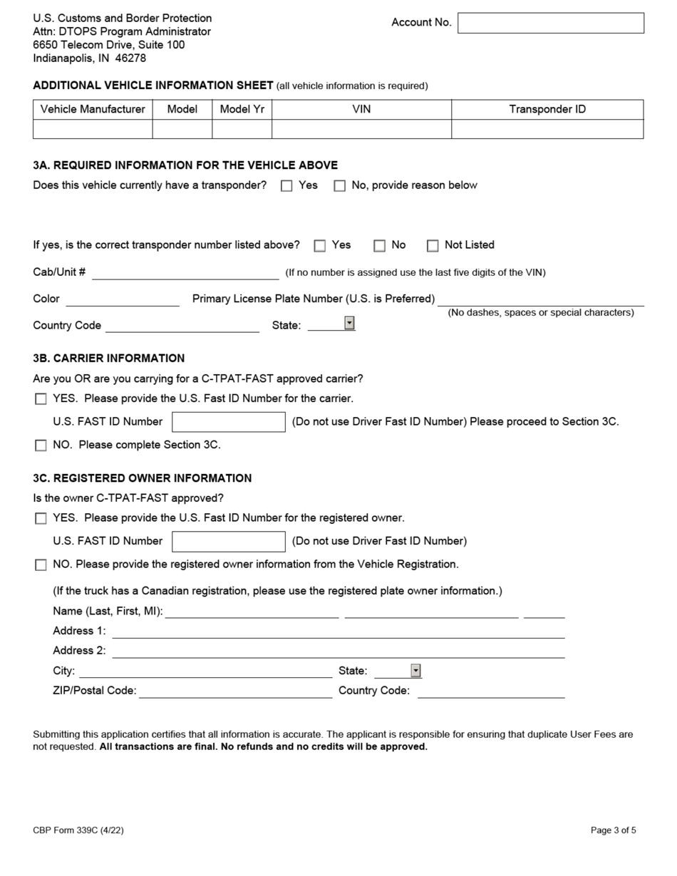 CBP Form 339C Vehicle Application, Page 3