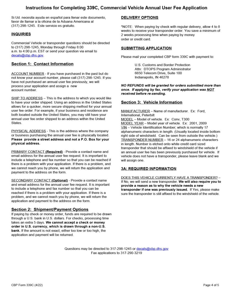 CBP Form 339C Vehicle Application, Page 4