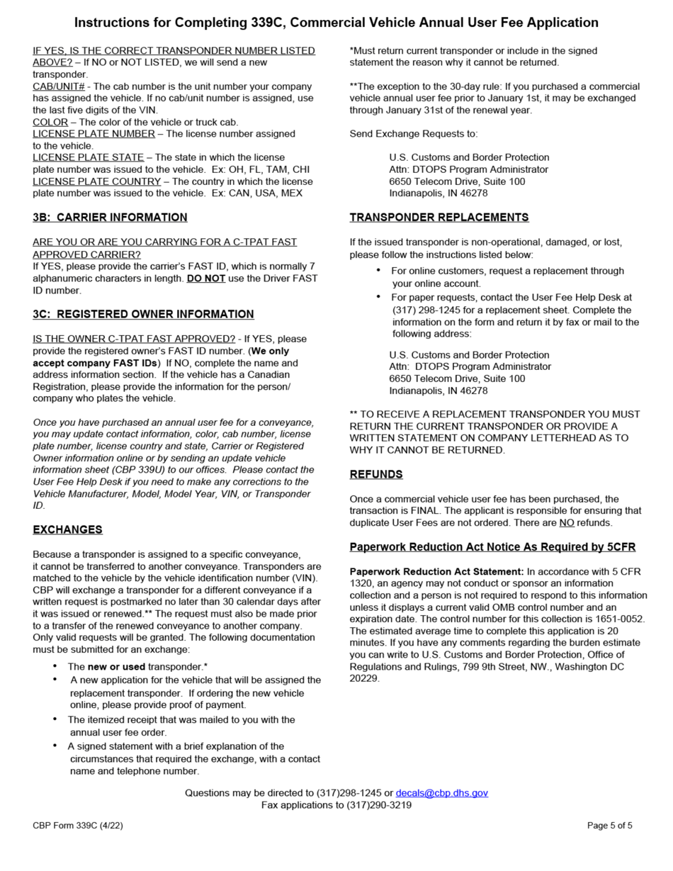 CBP Form 339C Vehicle Application, Page 5