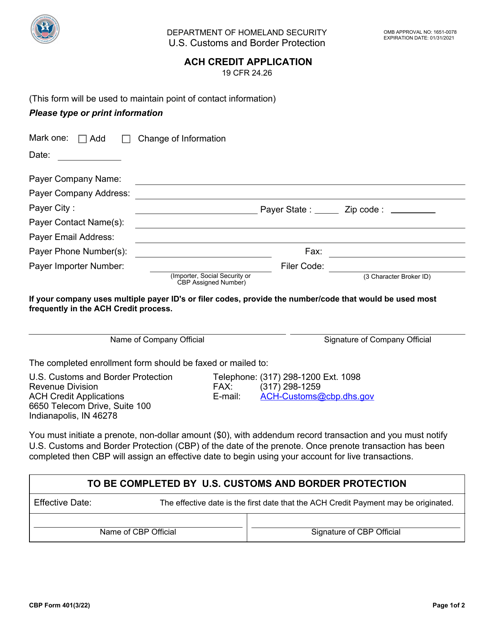 CBP Form 401  Printable Pdf