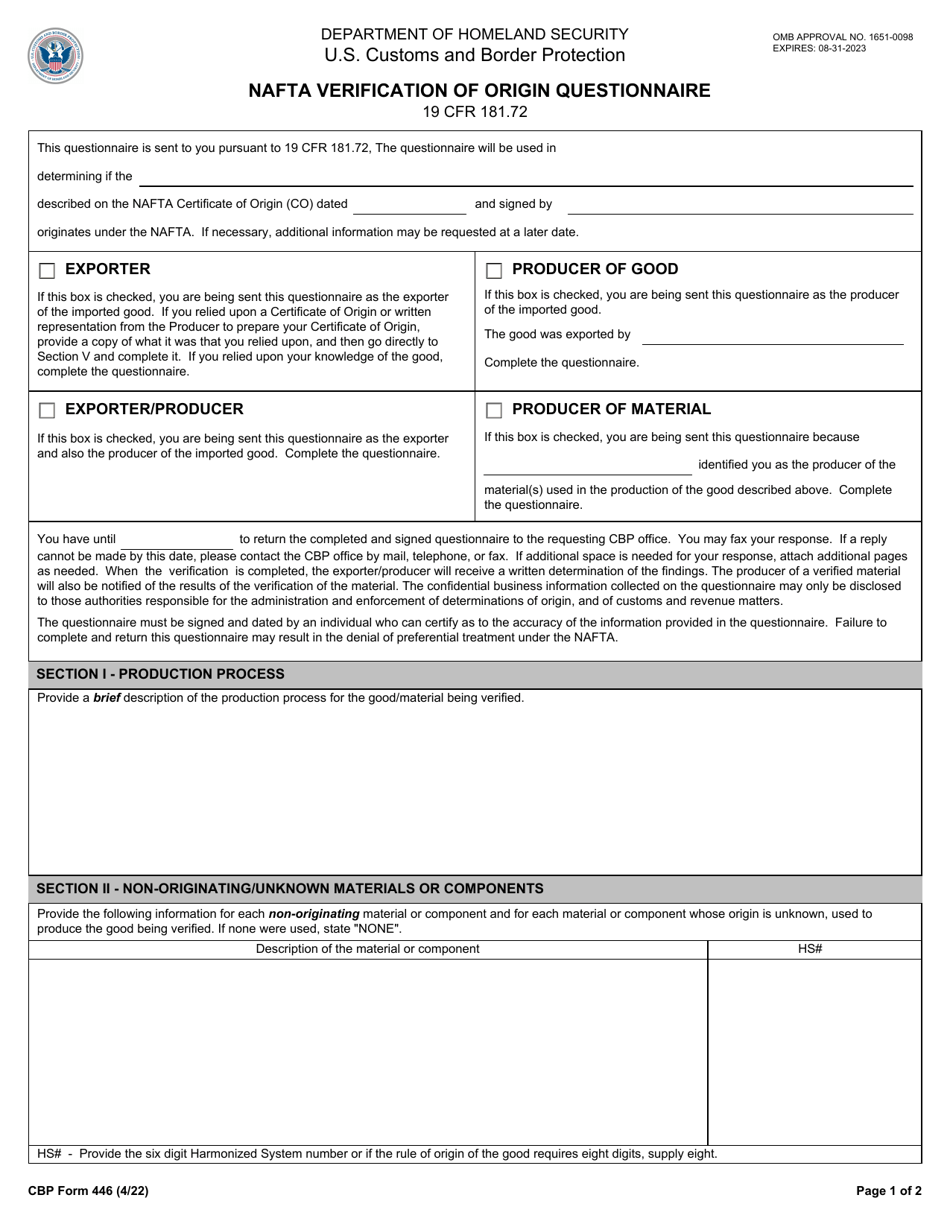 CBP Form 446 Nafta Verification of Origin Questionnaire, Page 1
