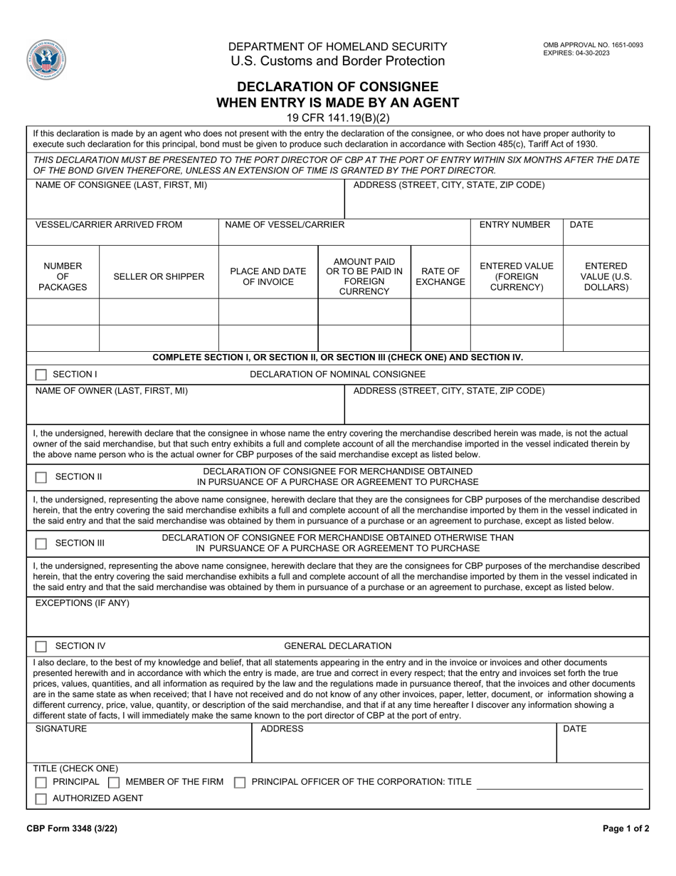 CBP Form 3348 Declaration of Consignee When Entry Is Made by an Agent, Page 1