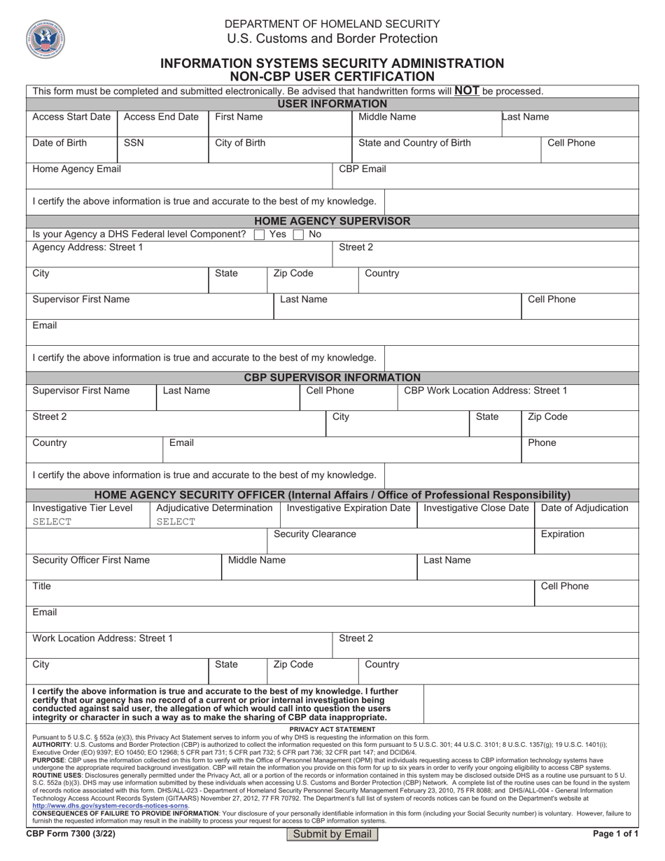 CBP Form 7300 Information Systems Security Administration Non-CBP User Certification, Page 1