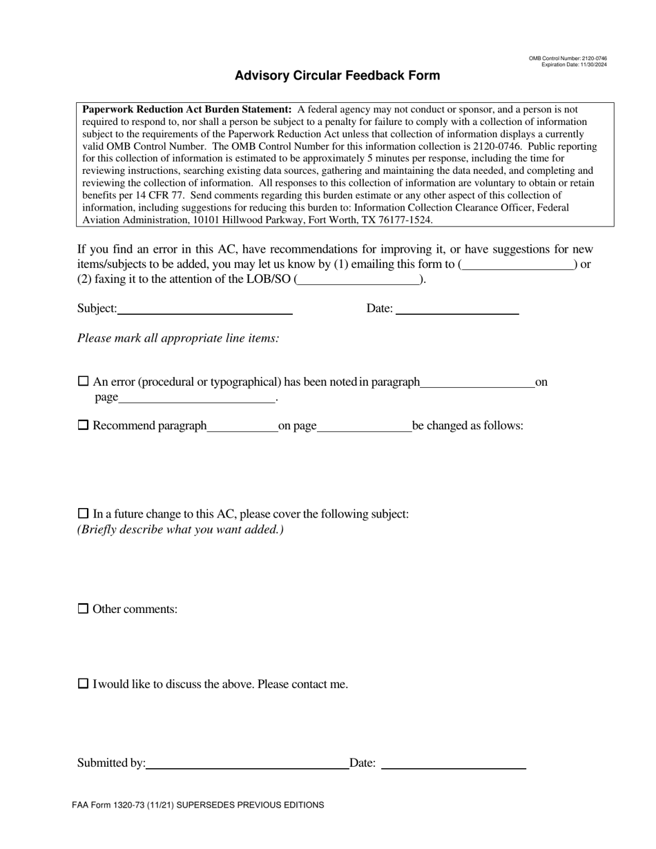 FAA Form 1320-73 Advisory Circular Feedback Form, Page 1