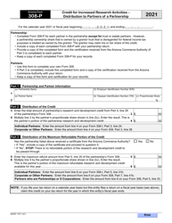 Document preview: Arizona Form 308-P (ADOR11271) Credit for Increased Research Activities - Distribution to Partners of a Partnership - Arizona