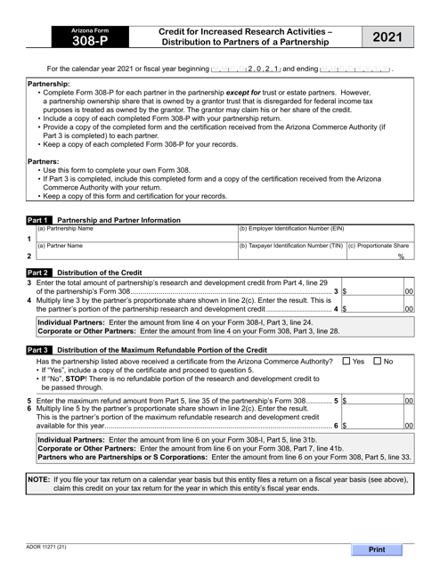 Arizona Form 308-P (ADOR11271) 2021 Printable Pdf