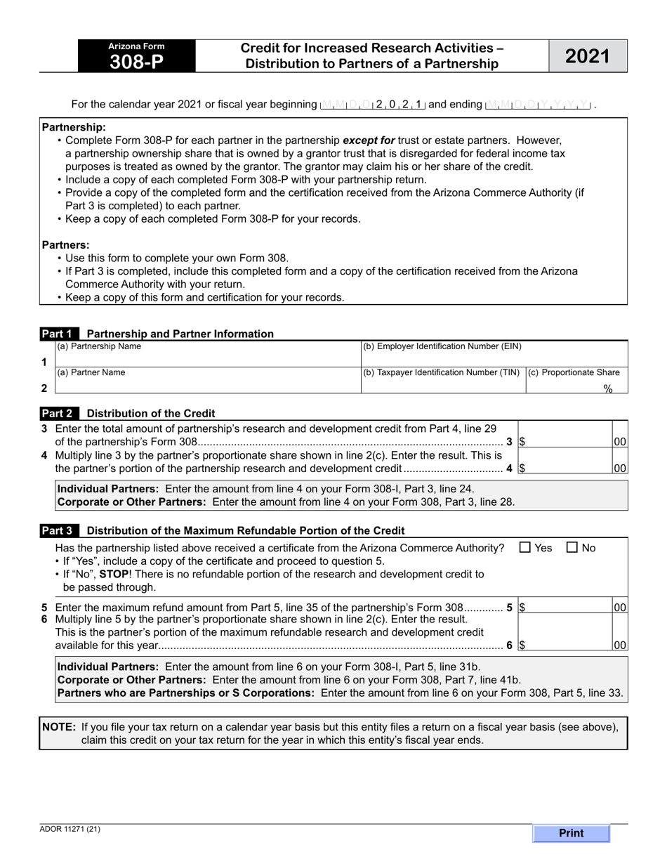 Arizona Form 308-P (ADOR11271) Credit for Increased Research Activities - Distribution to Partners of a Partnership - Arizona, Page 1