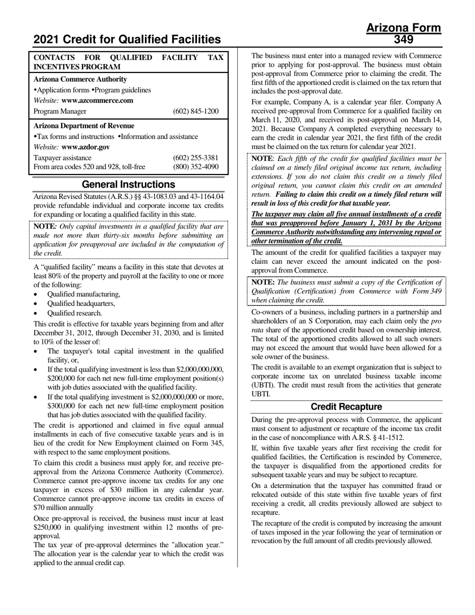 Instructions for Arizona Form 349, ADOR11192, Arizona Form 349-P, ADOR11297, Arizona Form 349-S, ADOR11298 - Arizona, Page 1