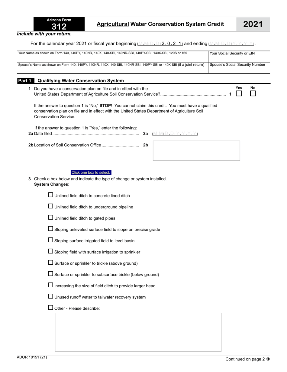 Arizona Form 312 (ADOR10151) Agricultural Water Conservation System Credit - Arizona, Page 1