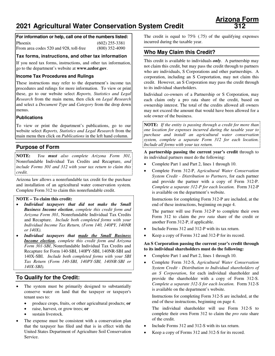 Instructions for Arizona Form 312, ADOR10151, Arizona Form 312-P, ADOR11276, Arizona Form 312-S, ADOR11277 - Arizona, Page 1