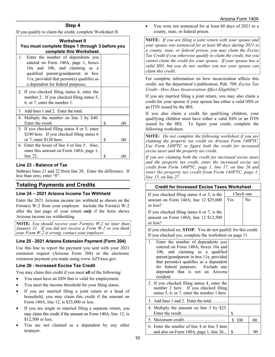 Instructions for Arizona Form 140A, ADOR10414 Resident Personal Income Tax Return (Short Form) - Arizona, Page 10
