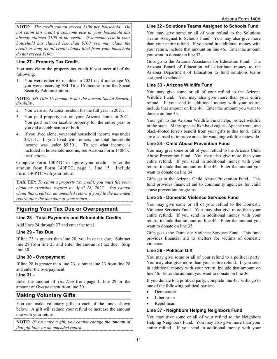 Instructions for Arizona Form 140A, ADOR10414 Resident Personal Income Tax Return (Short Form) - Arizona, Page 11